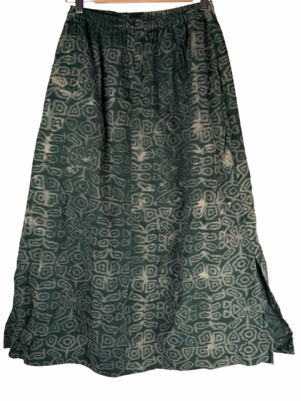 Vintage Winter Sun Dark Green Geometric Tribal Print A-Line Maxi Skirt Medium